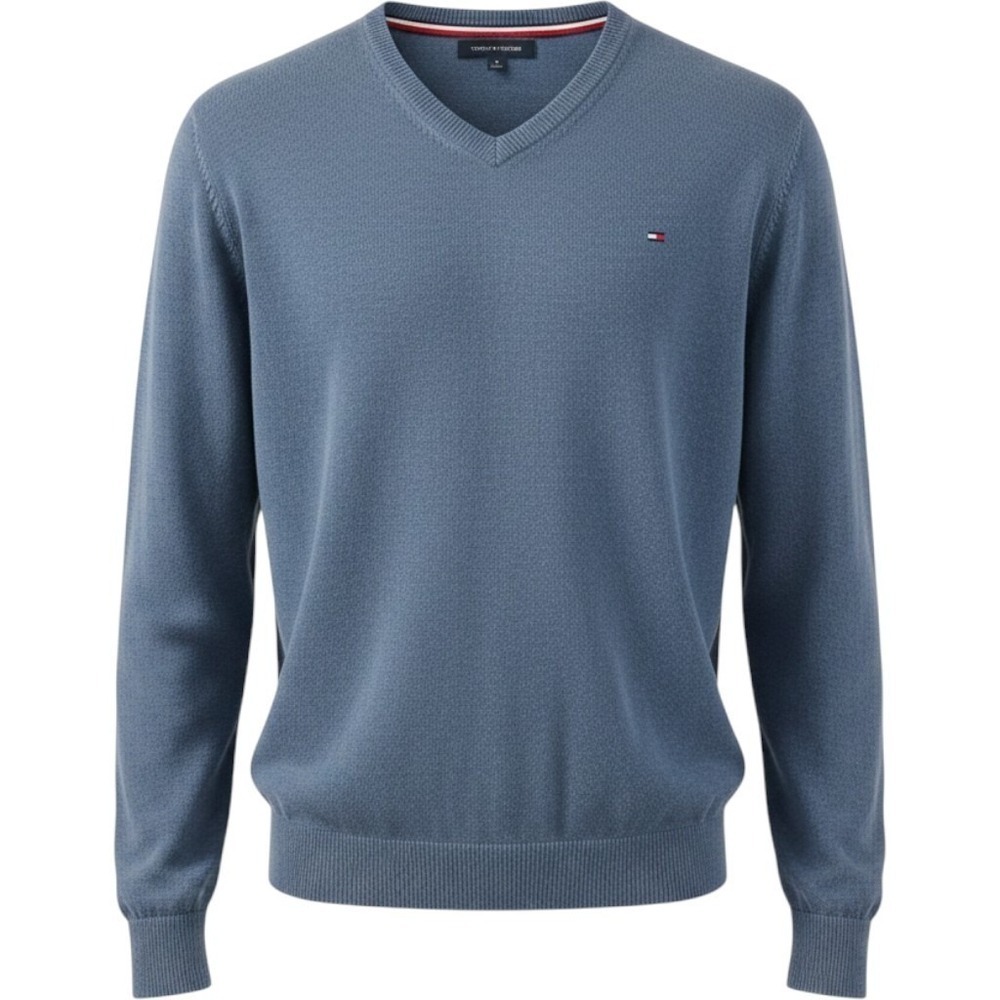 Tommy Hilfiger V-Neck Sweater Large Light Blue Fall Winter Sweater Flag Logo